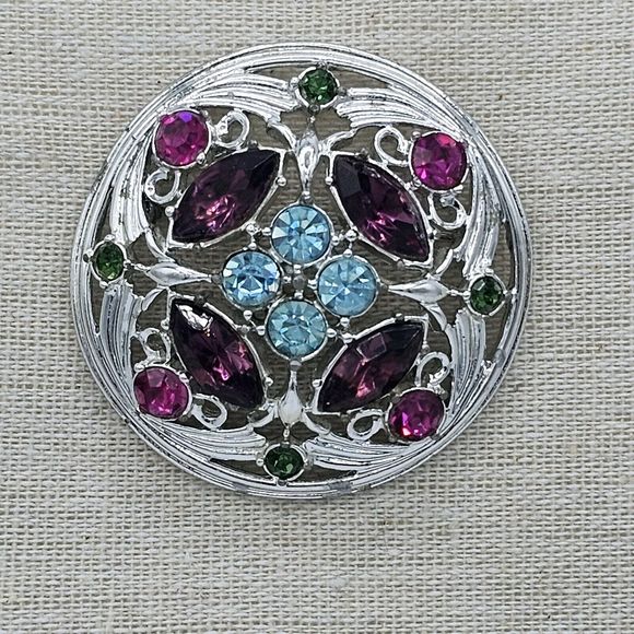 Sarah Coventry Brooch Vtg Springtime 1972 Silver Tone Purple Green Blue Filigree - Picture 9 of 9